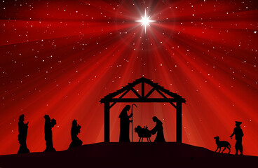 Christmas Nativity Scene black silhouette on red background