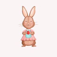 Illustration of a cute cute rabbit in a pink dress. The Easter Bunny is holding an Easter red egg.