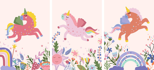 Fantastic Unicorn with colorful flowers and leaves, rainbow, funny sun and other. Poster with magical horse can be used as creating card, banner, birthday and other holidays. Vector illustration.