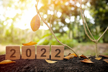 Goodbye year 2022 and autumn or fall season concept. Wooden blocks in natural background with...