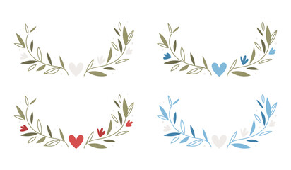 Fototapeta na wymiar Set of floral wreath. Branch with leaves. Wedding decoration concept.