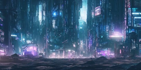 Dystopian futuristic cyberpunk city at night in a neon haze. Blue and purple glowing neon lights. Urban wallpaper. 3D illustration.