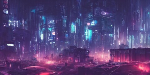 Dystopian futuristic cyberpunk city at night in a neon haze. Blue and purple glowing neon lights. Urban wallpaper. 3D illustration.