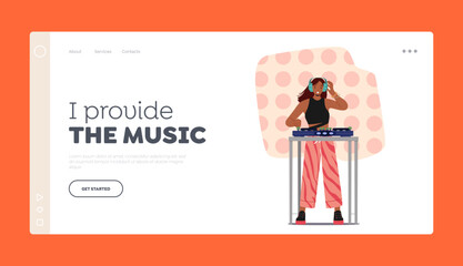 Disk Jockey Landing Page Template. Girl Dj in Nightclub Playing Samples at Mixer Console during Disco Party in Club