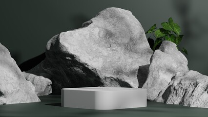 luxury dark green backdrop with white podium and stone, 3d natural empty pedestal product showcase, 3d rendering