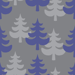 Obraz premium Vector Christmas trees seamless pattern in grey and violet colours. Vector background with pine silhouettes