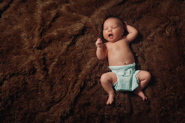 portrait of a newborn baby lying on a brown fur blanket