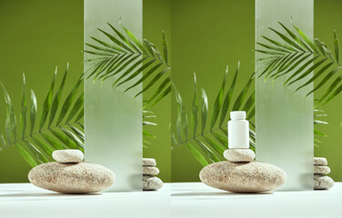 Scene with green palm leaves, stone podium for natural cosmetics presentation. Pedestal of cobbles...