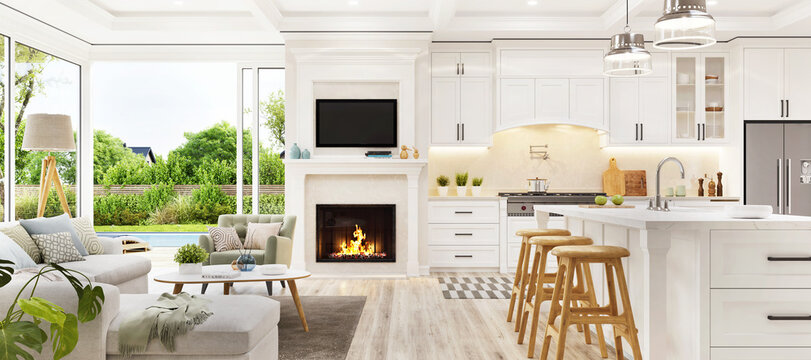 Modern open plan living room with white kitchen and beautiful fireplace. Cozy patio with pool