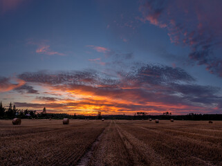 zachód słońca, pole, polska, żniwa, słoma, wieś, zboże © Daniel Folek