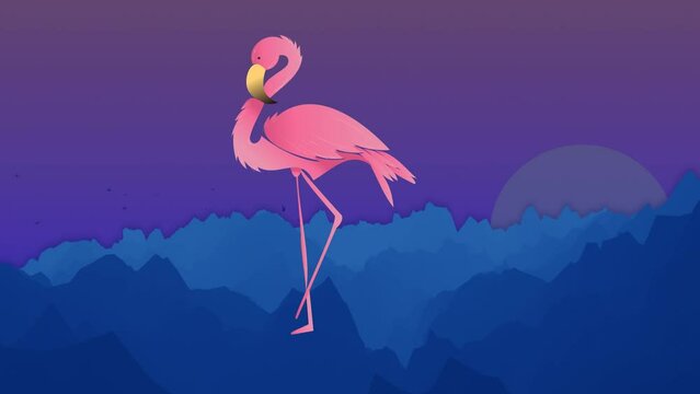 Animation of pink flamingo over moving mountains against sky at sunset