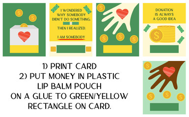 Set of donation cards with charity slogan. Money card with lip balm pouch. Save cash for fund contribution. Charity advertisement