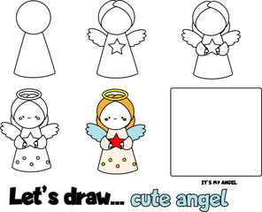 Drawing tutorial for children. Printable creative activity for kids. How to draw angel step by step - 526746747