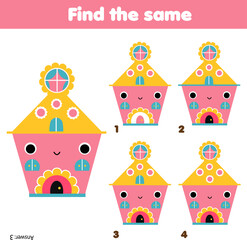 Children educational game. Find two same pictures of cute fantasy house