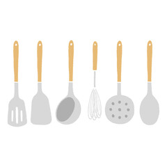Colorful kitchenware kitchens: shovel, bucket, knife, spoon, spatula, knead, icon for cooking and dinner, create a vector. Illustration in flat style isolated on a white background.