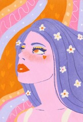 Beautiful girl with flowers in hair in retro style illustration. Hippie female on groovy background. Woman portrait with psychedelic vibes for fashion prints