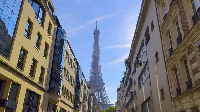 Summer weather in Paris, France. Famous Eiffel Tower in Paris Cityscape. Video filmed on blackmagic camera 6K
