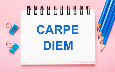 On a light pink background, light blue pencils, paper clips and a white notebook with the text CARPE DIEM