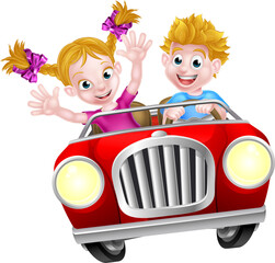 Cartoon Boy and Girl Driving Car