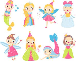 Obraz na płótnie Canvas Set of Cute fairy tales characters. Collection of magic Mermaids, fairy and princess in cartoon style