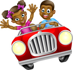 Cartoon Man and Woman Driving Car