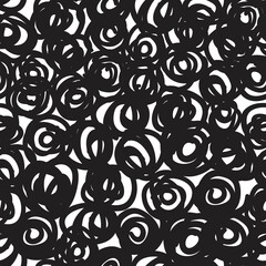 Scribbled black and white swirls seamless vector pattern
