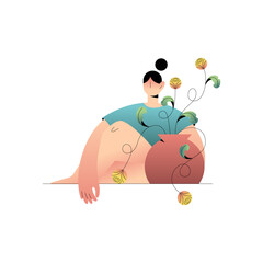 Woman Sitting Near Vase with Blooming Flower and Foliage Vector Illustration. Female and Beautiful Nature Concept