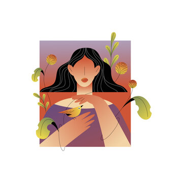 Woman with Little Birdie on Her Hand Among Blooming Flower and Foliage Vector Illustration. Female and Beautiful Nature Concept