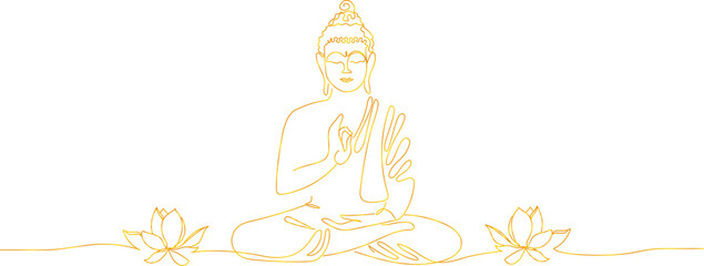 continous line art of Buddha with lotuses - 526749352
