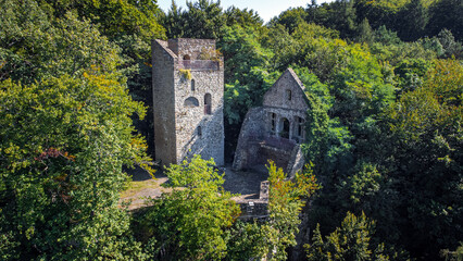 Fototapeta na wymiar Burg Ruine Prümerburg mitten im Wald romantisch gelegen 