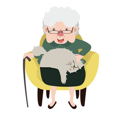 Happy Grandmother sitting Yellow modern chair with cat