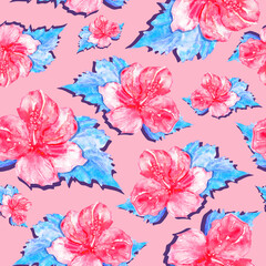 Hawaiian style watercolor seamless floral pattern on pink background