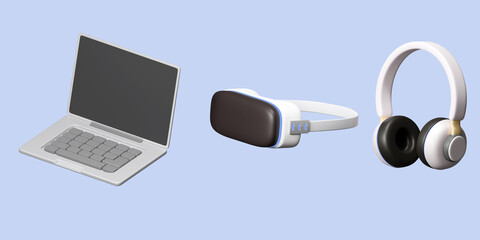 Laptop VR and headphone isolate background with clipping path. Technology concept. 3d Render