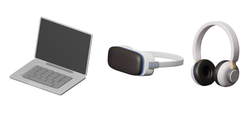 Laptop VR and headphone isolate background with clipping path. Technology concept. 3d Render