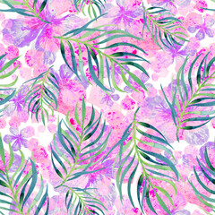 Tropical watercolor print with hibiscus petals and palm leaves