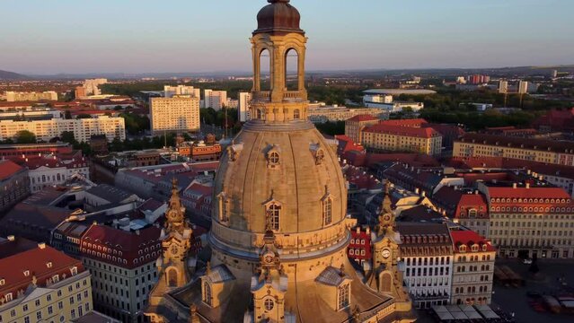 Frauenkirche Dresden at Sunset (aerial)