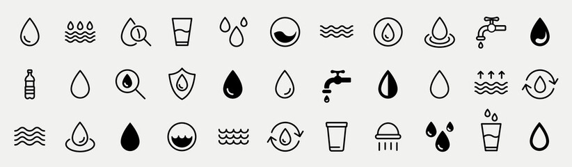 Water drops icon set. Editable vector pack of water line icons. A drop of water. Glass, magnifier, washing hands, shower. Vector illustration - obrazy, fototapety, plakaty