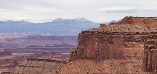 Scenic American Landscape and Red Rock Mountains in Desert Canyon. Spring Season. Canyonlands...