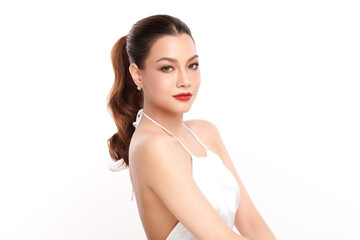 Beautiful young asian woman with clean fresh skin on white background, Face care, Facial treatment, Cosmetology, beauty and spa, Asian women portrait.