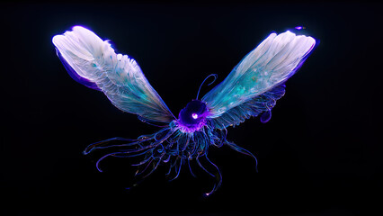 Fantastic , amazing creatures of the underwater world. Bioluminescence plankton. Beautiful background. AI.