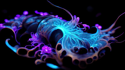 Fototapeta na wymiar Fantastic , amazing creatures of the underwater world. Bioluminescence plankton. Beautiful background. AI.