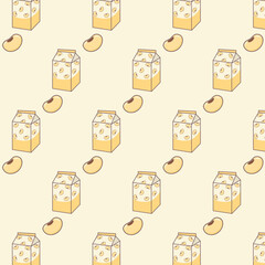 Pattern; hand drawn flat cartoon vector illustration of soy milk carton and soy bean isolated on light yellow background