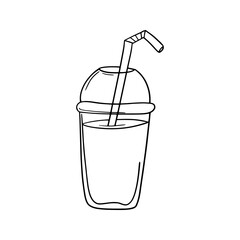 Monochrome picture, milkshake with a drinking tube in a plastic cup, vector cartoon