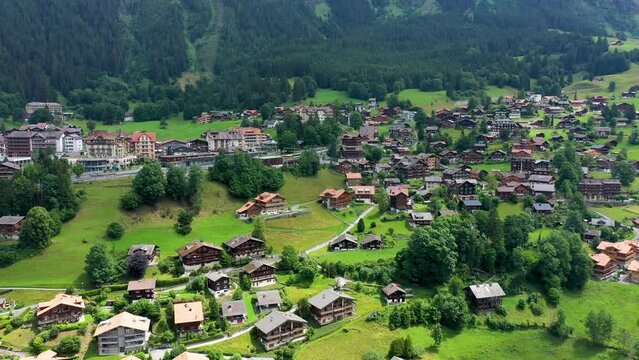 Townscape of village of Wengen on the edge of Lauterbrunnen Valley. Traditional local houses in Wengen village in the Interlaken district in the Bern canton of Switzerland.