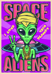 Fototapeta na wymiar Space aliens colorful vintage poster
