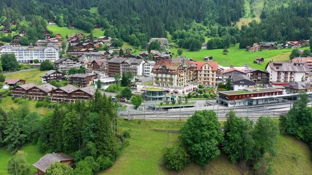 Townscape of village of Wengen on the edge of Lauterbrunnen Valley. Traditional local houses in Wengen village in the Interlaken district in the Bern canton of Switzerland.