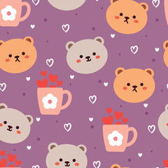 seamless pattern cartoon bear in purple background. cute animal wallpaper for textile, gift wrap paper