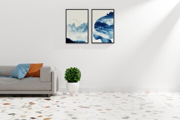 Marble texturing floor home interior with sofa plant with wall poster mockup