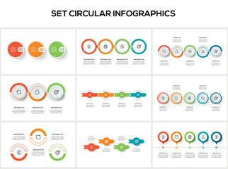 Set circular infographic with 3, 4, 5 steps, options, parts or processes. Business data visualization.