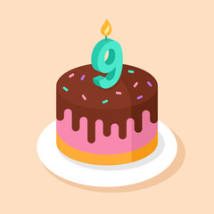 Birthday cake with number 9 candle vector illustration